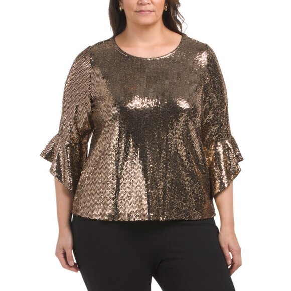 KASPER BLACK/GOLD Plus Shine Dot Ruffle Sleeve Blouse - Picture 1 of 2